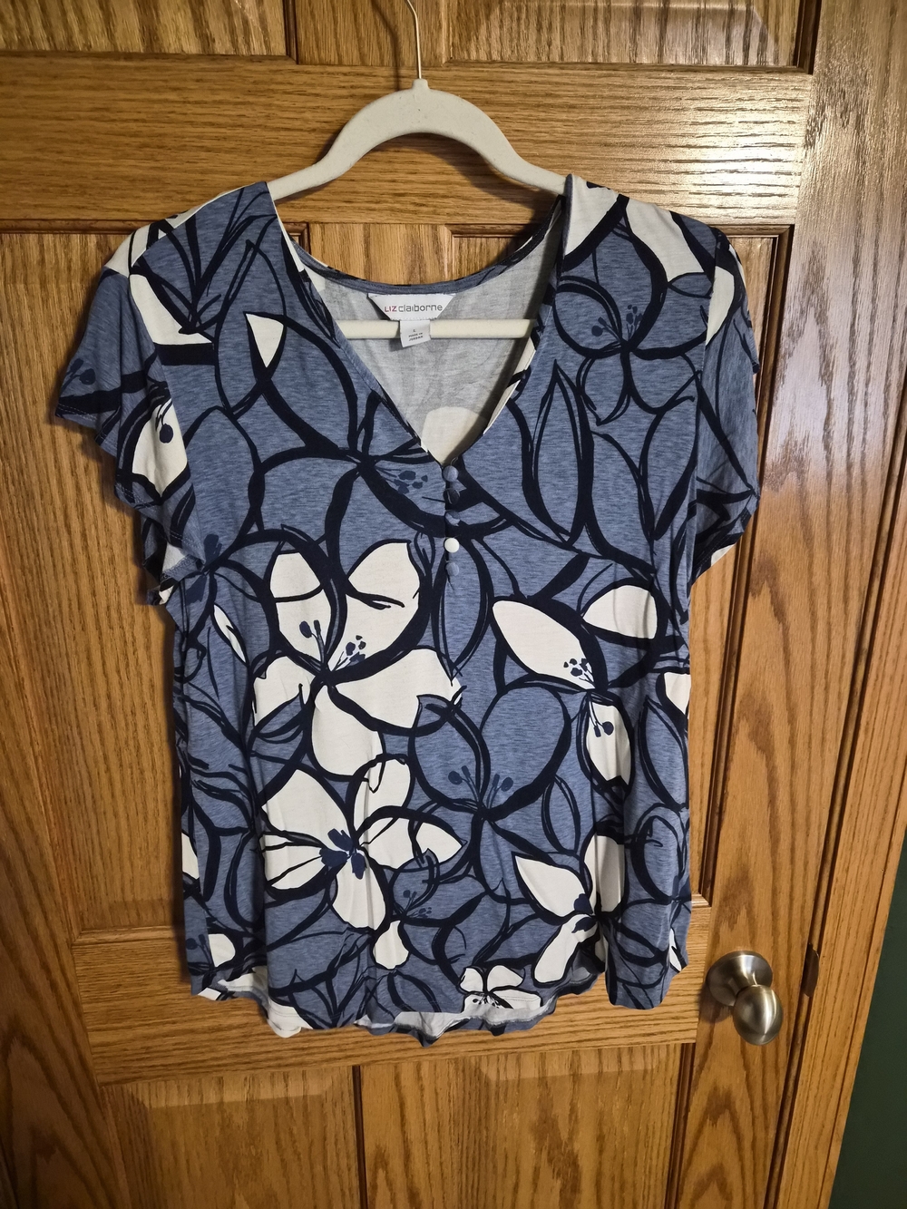 Liz Claiborne Blue Floral V-Neck Women's Blouse